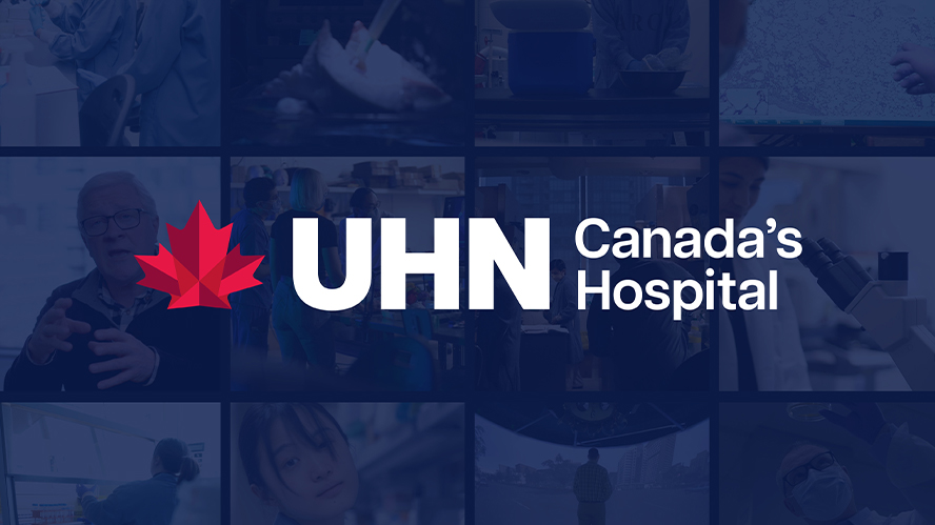 Collage of images of research with dark blue tint over it, and UHN logo in the centre overlayed on all of it